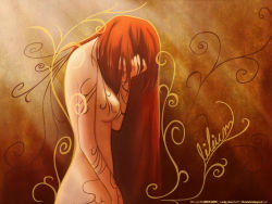 00s 1girl 2007 breasts covering_face covering_privates elfen_lied female_focus hair_over_eyes highres ink long_hair lucy_(elfen_lied) markings monster_girl no_nipples nude nude_cover red_hair solo tattoo very_long_hair