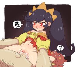 1girl 2boys ? age_difference ashley_(warioware) black_background black_hair blue_eyes blush blush_stickers border cowgirl_position demon_horns dress fat fat_man fingerless_gloves flying_sweatdrops gloves grabbing_another&#039;s_arm gummuru hairband hetero horns loli long_hair long_sleeves multiple_boys navel nintendo orange_hairband outie_navel outside_border parted_lips penis pussy pussy_juice red_(warioware) red_dress red_eyes sex skull_and_crossbones speech_bubble spoken_question_mark spread_legs straddling sweat torn_clothes torn_dress twintails uncensored vaginal wario warioware white_border yellow_gloves