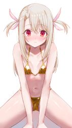 1girl absurdres bikini blonde_hair blush breasts closed_mouth commentary fate/kaleid_liner_prisma_illya fate_(series) gold_bikini golden_week_bikini halterneck highres illyasviel_von_einzbern kaze_22 looking_at_viewer navel nose_blush petite red_eyes simple_background small_breasts solo swimsuit two_side_up white_background