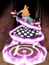 1girl 2others 3d :i animated aqua_hair artist_request aura blunt_bangs breasts collarbone cowboy_shot dress eruka_frog female_focus full_body hat long_hair looking_at_viewer magic multiple_others multiple_views outdoors polka_dot simple_background smile solo soul_eater standing tagme thigh_gap thighs turnaround video witch witch_hat
