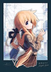 1girl absurdres ap04astral bag black_ribbon blue_eyes brown_shirt brown_skirt character_name dress frilled_dress frills gingham handbag highres long_hair lucky_star minegishi_ayano orange_hair outside_border pleated_skirt ribbon road shirt skirt smile street