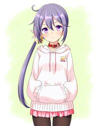 1girl ahoge akebono_(kancolle) alternate_costume animal_collar bell black_pantyhose casual collar cowboy_shot drawstring flower hair_bell hair_flower hair_ornament hands_in_pockets hood hooded_sweater jingle_bell kantai_collection looking_at_viewer miyo_(miyomiyo01) pantyhose pink_skirt pink_sweater purple_eyes purple_hair side_ponytail simple_background skirt solo standing sweater white_background