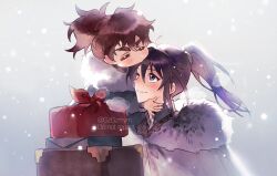 2boys black_eyes black_hair brown_hair carrying carrying_person child cloak closed_eyes fur_trim gzgzmym hair_between_eyes high_ponytail holding hood hooded_cloak long_hair male_focus multiple_boys one_eye_closed package ponytail quan_yizhen snow tianguan_cifu wavy_hair winter_clothes yin_yu