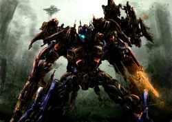 arm_blade autobot battlefield blue_eyes building city damaged destruction epic faceplate glowing glowing_eyes gun mecha no_humans optimus_prime robot smoke solo taka-f transformers transformers_(film) weapon