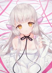 1girl absurdres bare_shoulders bed_sheet black_choker breasts brown_eyes chii chobits choker clamp_(style) commentary_request dress elbow_gloves frilled_dress frills gloves grey_hair hair_spread_out hand_up highres long_hair looking_at_viewer parted_lips ribbon_choker robot_ears sleeveless sleeveless_dress small_breasts solo strap_slip tsukiman very_long_hair white_dress white_gloves