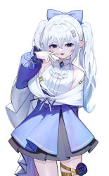 1girl absurdres aoria bare_shoulders black_skirt blue_eyes blue_flower blue_ribbon blue_skirt bow collar collared_shirt commentary commission cowboy_shot flower hair_between_eyes hair_bow hair_ornament highres jewelry large_bow layered_skirt long_sleeves looking_at_viewer miniskirt open_clothes open_mouth original pointy_ears ribbon shirt simple_background skirt sleeveless sleeveless_shirt solo thigh_strap twintails white_background white_collar white_hair