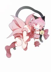 1girl absurdres animal_ears bare_shoulders bell black_ribbon boots bow bubble_skirt cat_ears cat_girl cat_tail choker claw_pose commentary_request detached_sleeves dress expressionless fish_in_mouth floating_clothes footwear_ribbon frilled_choker frilled_sleeves frilled_thigh_strap frills full_body gloves highres knee_boots leaning_forward light_blush magical_girl mew_ichigo momomiya_ichigo morgue_(southsakura) pink_bow pink_choker pink_dress pink_eyes pink_hair pink_sleeves puffy_short_sleeves puffy_sleeves red_boots red_gloves ribbon short_dress short_hair short_sleeves simple_background skirt solo strapless strapless_dress tail tail_bell tail_bow tail_ornament thigh_strap tokyo_mew_mew white_background