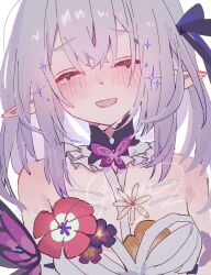 1girl bare_shoulders blush breasts castorice_(honkai:_star_rail) close-up closed_eyes dress flower hinay_2 honkai_(series) long_hair open_mouth pointy_ears purple_flower purple_hair red_flower simple_background smile solo white_background white_dress