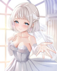 Rule 34 | 1girl, akiyomi, alternate costume, backlighting, beckoning, blue eyes, blush, braid, breasts, bridal gauntlets, bridal veil, cleavage, collarbone, commentary request, dress, gakuen idolmaster, hair ribbon, half up braid, highres, idolmaster, indoors, jewelry, katsuragi lilja, lace ribbon, looking at viewer, medium breasts, partial commentary, ribbon, ribbon braid, ring, short hair, smile, solo, strapless, strapless dress, sunlight, veil, wedding dress, wedding ring, white dress, white ribbon