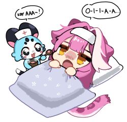 1girl :3 animal_ears blush bowl chattino_(raora_panthera) chibi commentary english_commentary english_text feeding food futon hair_intakes hat highres holding holding_spoon hololive hololive_english jitome long_hair lying multicolored_hair nurse_cap on_back open_mouth panther_ears panther_girl panther_tail pillow pink_hair raora_panthera raora_panthera_(artist) sick simple_background soup speech_bubble spoon streaked_hair tail two-tone_hair virtual_youtuber white_background white_hat yellow_eyes