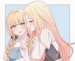 Rule 34 | 2girls, black bow, blonde hair, blush, border, bow, braid, closed eyes, commentary, fang, fujita kotone, gakuen idolmaster, hair bow, highres, hug, hug from behind, idolmaster, juo sena, kousaka 0v0, long hair, multicolored hair, multiple girls, open mouth, outline, pink hair, shirt, short sleeves, skin fang, smile, streaked hair, twin braids, white border, white outline, white shirt, yellow eyes, yuri