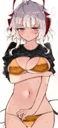 1girl antenna_hair arknights arm_under_breasts bikini blush breasts commentary_request cowboy_shot demon_girl demon_tail gold_bikini highres horns kyuu_(plastic_night_q) large_breasts navel paid_reward_available red_horns short_hair simple_background solo stomach swimsuit tail thighs w_(arknights) white_background white_hair yellow_eyes
