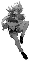 1boy affectionate aged_down bandana bandana_around_neck blush chinese_commentary closed_eyes commentary_request curled_tail dot_nose dragon dragon_horns full_body genshin_impact greyscale hair_between_eyes highres holding horns hug kiss kissing_cheek knee_up long_sleeves male_focus monochrome open_mouth rex_lapis_(genshin_impact) shoes shorts simple_background smile tartaglia_(genshin_impact) udgg093577 white_background