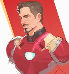 1boy anonoite arc_reactor armor artist_name border brown_eyes brown_hair closed_mouth facial_hair full_armor grey_armor iron_man iron_man_(series) looking_to_the_side male_focus marvel marvel_cinematic_universe multicolored_armor outside_border power_armor red_armor red_background short_hair simple_background smile solo tony_stark upper_body white_background white_border yellow_armor