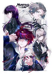 2boys 2girls absurdres ahoge aotsuki_eito arm_up black_gloves black_hairband black_jacket black_streaks blue_eyes blue_jacket border braid collared_shirt commentary copyright_name earrings english_commentary glasses gloves grey_eyes grey_hair grey_jacket hairband highres hood hoodie jacket jacket_over_hoodie jewelry kirifuji_nozomi long_hair multicolored_hair multicolored_jacket multiple_boys multiple_girls open_clothes open_jacket purple_hair red_eyes red_hair shirt shizuhara_hiruko short_hair skirt streaked_hair sumino_takumi the_hundred_line_-last_defense_academy- two-tone_jacket white_border white_hoodie white_jacket white_shirt yakksan
