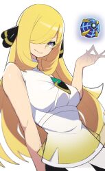 bare_shoulders beast_ball blonde_hair breasts chest_jewel cosplay cynthia_(pokemon) dress hair_over_one_eye highres long_hair lusamine_(pokemon) lusamine_(pokemon)_(cosplay) medium_breasts mituyota_76 nintendo poke_ball pokemon pokemon_dppt pokemon_sm simple_background white_background white_dress