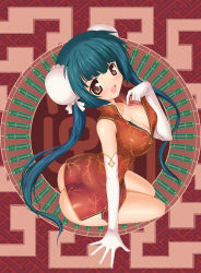 00s 1girl aokihoshi ass bare_shoulders blue_hair breasts brown_eyes bun_cover butt_crack china_dress chinese_clothes cleavage double_bun dress elbow_gloves female_focus gloves gundam gundam_00 hair_bun large_breasts long_hair narrow_waist no_panties sitting smile solo twintails wang_liu_mei