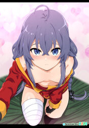 Rule 34 | 1girl, ahoge, areola slip, bandaged leg, bandages, black gloves, black thighhighs, blue eyes, blue hair, blush, braid, breasts, closed mouth, commission, convenient censoring, cosplay, crossed bangs, dress, fingerless gloves, from above, gloves, hair between eyes, hair censor, hair over breasts, highres, kono subarashii sekai ni shukufuku wo!, long braid, long hair, long sleeves, looking at viewer, megumin, megumin (cosplay), mushoku tensei, nekosaki, no bra, off-shoulder dress, off shoulder, pixiv commission, red dress, roxy migurdia, short dress, single thighhigh, small breasts, solo, thighhighs, twin braids, very long hair