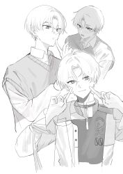 Rule 34 | 18trip, 1boy, 22kolink, blush, closed mouth, cropped torso, crossed fingers, flustered, greyscale, highres, long sleeves, looking at viewer, male focus, monochrome, multiple views, neck blush, oguro kafka, open mouth, parted bangs, short hair, simple background, sketch, smile, sweater vest, v, white background