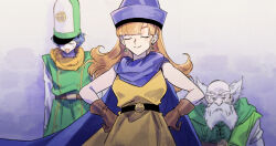 Rule 34 | 1girl, 2boys, alena (dq4), balding, beard, belt, blue cape, blue hair, blue hat, blunt bangs, blunt ends, blurry, blurry background, brey, brown gloves, buttons, cape, clift, closed eyes, coat, commentary request, curly hair, double-breasted, dragon quest, dragon quest iv, earrings, facial hair, fukusuu (zeonms 06s), gloves, green coat, green hat, hands on own hips, hat, jewelry, long hair, mitre, multiple boys, old, old man, open mouth, orange hair, partial commentary, short hair, smile, sphere earrings, sweatdrop, tunic, upper body, white facial hair, yellow tunic
