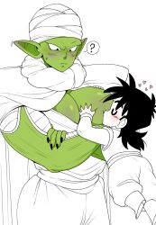 2boys ? blush cape closed_eyes colored_skin dragon_ball dragonball_z green_skin heart height_difference large_pectorals looking_at_another monochrome multiple_boys muscular muscular_male namekian niusesabe pectorals piccolo pointy_ears saiyan size_difference son_gohan spoken_question_mark sucking_male_nipple sweatdrop thighs yaoi