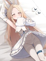 1girl absurdres animal_ear_fluff animal_ears arm_up armpits bird blonde_hair blue_archive clothes_lift commentary_request detached_sleeves dress ear_wreath flower_wreath forehead fox_ears fox_girl gradient_eyes halo highres long-tailed_tit long_hair looking_at_viewer lying minazuki_(uraha246) multicolored_eyes navel on_bed panties panties_under_pantyhose pantyhose pinstripe_pantyhose presenting_armpit seia_(blue_archive) skirt skirt_lift sleeve_bow sleeveless sleeveless_dress sleeves_past_fingers sleeves_past_wrists solo striped_clothes striped_pantyhose thigh_strap tit_(bird) underwear vertical-striped_clothes vertical-striped_pantyhose white_bird white_panties white_pantyhose yellow_halo