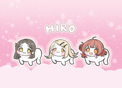 3girls :3 blonde_hair blush brown_hair commentary_request doro_(nikke) full_body gakuen_idolmaster goddess_of_victory:_nikke hair_bun hair_ornament hairclip hanami_ume idolmaster khn_(kihana) kuramoto_china long_hair looking_at_viewer multiple_girls open_mouth orange_eyes pink_background shinosawa_hiro short_hair single_side_bun yellow_eyes