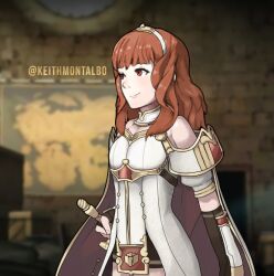 1girl armor black_skirt breastplate cape celica_(fire_emblem) choker dress fingerless_gloves fire_emblem fire_emblem_echoes:_shadows_of_valentia gloves holding holding_sword holding_weapon keith_montalbo long_hair nintendo orange_eyes orange_hair princess red_eyes red_hair skirt solo sword tiara weapon white_armor white_dress