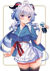 1girl absurdres ahoge alternate_costume apron black_thighhighs blue_hair blue_kimono blush bottle breasts commentary commentary_request commission dango_milk_(genshin_impact) english_commentary enmaided frilled_apron frilled_hairband frills ganyu_(genshin_impact) genshin_impact goat_horns hair_between_eyes hairband hand_up highres holding holding_bottle horns japanese_clothes kimono long_hair looking_at_viewer maid maid_headdress medium_breasts mixed-language_commentary paid_reward_available parted_lips pixiv_commission purple_eyes sasha_chii solo thighhighs thighs very_long_hair waist_apron white_apron white_hairband