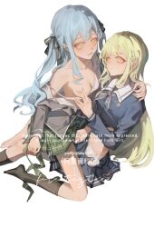 Rule 34 | 2girls, absurdres, asa achen, bang dream!, bang dream! it&#039;s mygo!!!!!, black ribbon, black socks, blue hair, blue shirt, blue skirt, blush, bra, bra pull, breasts, chinese commentary, closed mouth, clothes pull, commentary request, english text, green hair, green necktie, green skirt, grey jacket, grey neckerchief, hair ornament, hair ribbon, hairclip, hand on another&#039;s shoulder, haneoka school uniform, highres, jacket, kneehighs, long hair, long sleeves, medium breasts, multiple girls, neckerchief, necktie, nipple stimulation, nipples, off shoulder, one breast out, open clothes, open mouth, open shirt, panties, plaid clothes, plaid skirt, pleated skirt, ribbon, sailor collar, school uniform, shirt, simple background, single bare foot, sitting, sitting on lap, sitting on person, skirt, socks, togawa sakiko, tsukinomori school uniform, two side up, underwear, unworn necktie, wakaba mutsumi, white background, white bra, white panties, white sailor collar, white shirt, yellow eyes, yuri