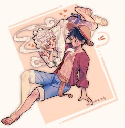 ! !! 2boys abs black_hair blue_shorts blush collarbone commentary cross_scar dual_persona facial_scar floating full_body fur-trimmed_shorts fur_trim gear_fifth hamster_sally hat heart highres looking_at_another male_focus monkey_d._luffy multiple_boys one_piece open_clothes open_shirt red_shirt sandals sash scar scar_on_cheek scar_on_chest scar_on_face shirt short_hair shorts straw_hat symbol-only_commentary twitter_username white_hair white_shirt white_shorts yellow_sash