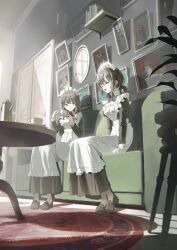 2girls :d ^_^ absurdres apron black_dress black_hair black_shoes book book_stack brown_eyes closed_eyes closed_mouth coffee_pot collared_dress commentary_request couch cup door dress frilled_apron frills hair_between_eyes highres holding holding_cup indoors juliet_sleeves loafers long_hair long_sleeves low_twintails maid maid_apron maid_headdress multiple_girls on_couch open_mouth original pantyhose puffy_sleeves revision rug saucer shii_(kairi-t-k0317) shoes sitting slice_of_life smile table twintails very_long_hair white_apron white_pantyhose wooden_floor