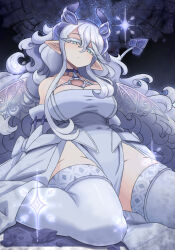 1girl breasts collarbone demon_girl demon_horns demon_tail demon_wings dress duel_monster hair_between_eyes half-closed_eyes highres horns kamuruchii lady_labrynth_of_the_silver_castle large_breasts looking_at_viewer lovely_labrynth_of_the_silver_castle official_alternate_costume official_alternate_hairstyle pelvic_curtain pointy_ears sitting solo tail thighhighs wariza white_dress white_eyes white_hair white_thighhighs wings yu-gi-oh!