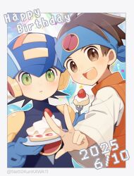 2boys blue_bodysuit blue_headband blue_helmet blush bodysuit brothers brown_eyes brown_hair cake dated food fork green_eyes happy_birthday headband helmet highres holding holding_fork lan_hikari_(mega_man) looking_at_viewer male_focus mega_man_(series) mega_man_battle_network_(series) megaman.exe multiple_boys nett0kunkawa11 open_mouth orange_vest shirt siblings strawberry_shortcake teeth twins upper_teeth_only vest w white_shirt