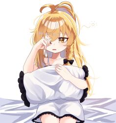 1girl ahoge blonde_hair braid chocoeiru highres kirisame_marisa messy_hair pajamas pillow single_braid sleepy solo tears touhou white_background yellow_eyes