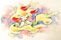 Rule 34 | alternate color, closed eyes, colored pencil (medium), full body, gen 3 pokemon, jirachi, legendary pokemon, mythical pokemon, nintendo, no humans, non (kumakawayusu), open mouth, painting (medium), pokemon, pokemon (creature), shiny pokemon, simple background, solo, tanzaku, traditional media, watercolor (medium)