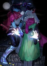 1boy 1girl 1other absurdres armor blue_skin claws coin colored_skin deltarune glasses glowing_hands goat_boy goat_horns gold_coin hair_over_one_eye heartbreak_juan highres horns kris_(deltarune) purple_skin ralsei reptile_girl sack scarf susie_(deltarune) sword weapon white_fur