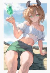 1girl :t animal_ears arm_support bare_shoulders blonde_hair blue_sky border breasts crop_top cup double-parted_bangs drink drinking_glass green_eyes green_shorts hair_intakes hand_up highres holding holding_cup holding_drink horizon hurricane_glass indie_virtual_youtuber looking_at_viewer medium_breasts midriff naplings_(nimi_nightmare) nimi_nightmare ocean off-shoulder_shirt off_shoulder outside_border puffy_short_sleeves puffy_sleeves reclining sgtdogwater shirt shore short_hair short_sleeves shorts side_ponytail sky solo tapir_ears tropical_drink virtual_youtuber white_border white_shirt