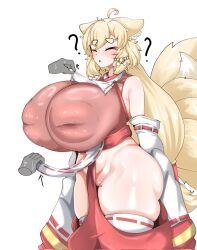 1girl abrams_(0abrams0) ahoge animal_ears blonde_hair blush breasts covered_erect_nipples disembodied_hand ears_down extra_tails eyelashes female_focus fox_ears fox_girl fox_tail gigantic_breasts highres huge_areolae inverted_nipples mole mole_on_thigh no_panties open_mouth original shiny_skin skindentation solo_focus sweat tail thick_thighs thighs white_background wide_hips