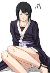 Rule 34 | 1girl, black eyes, black hair, blush, female focus, frown, japanese clothes, legs, naruto (classic), naruto (series), panties, pantyshot, shizune (naruto), simple background, sitting, solo, tk (tk&#039;s level4), underwear, white background, white panties, wince