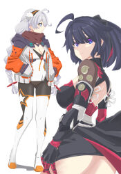2girls ahoge ass backless_outfit braid breasts brown_scarf cleavage_cutout closed_mouth clothing_cutout gauntlets hands_in_pockets highres honkai_(series) honkai_impact_3rd jacket kiana_kaslana long_hair long_sleeves medium_breasts multiple_girls ponytail purple_eyes purple_hair raiden_mei raiden_mei_(danzai_spectramancer) scarf simple_background task_baron twin_braids white_background white_hair white_jacket