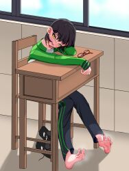 1girl absurdres barefoot black_hair blush desk feet glasses highres looking_at_viewer medium_hair mole mole_under_mouth open_mouth school_desk shoes soles steam toes tsukasa49003 unworn_eyewear unworn_shoes yellow_eyes