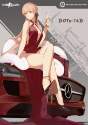 Rule 34 | 1girl, absurdres, artist request, assault rifle, black shoes, blonde hair, breasts, bullpup, car, champagne flute, chinese commentary, closed mouth, commentary request, copyright logo, copyright name, crossed legs, cup, dress, drink, drinking glass, full body, girls&#039; frontline, grenade launcher, gun, high heels, highres, holding, holding cup, long hair, mercedes-benz, mercedes-benz sls amg, motor vehicle, official alternate costume, orange eyes, ots-14 (girls&#039; frontline), ots-14 (ruler of the banquet) (girls&#039; frontline), ots-14 groza, red dress, rifle, shawl, shoes, sitting, solo, suitcase, underbarrel grenade launcher, weapon, white shawl