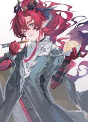 1boy absurdres animal_ears arknights bead_bracelet beads black_hair bowl bracelet chinese_knot chopsticks colored_extremities colored_skin eating food hair_between_eyes high_ponytail highres holding holding_bowl holding_chopsticks horns jewelry long_hair looking_at_viewer lushi_jin_up male_focus multicolored_hair parted_lips pointy_ears ponytail purple_eyes red_hair red_skin rice smile solo streaked_hair white_background yu_(arknights)