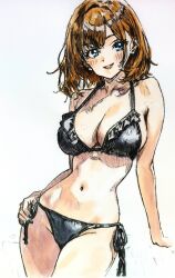 1girl absurdres arm_support bikini black_bikini blue_eyes breasts brown_hair cleavage frilled_bikini frills halterneck hand_on_own_hip highres i4teruz looking_at_viewer medium_hair navel original side-tie_bikini_bottom simple_background sketch swimsuit white_background