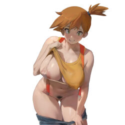 1girl alternate_breast_size areola_slip asymmetrical_hair bikini bikini_top_only bikini_under_clothes blue_shorts blush breasts clothes_lift clothes_pull commentary cowboy_shot curvy denim denim_shorts english_commentary female_pubic_hair gluteal_fold green_eyes highres large_breasts lifting_own_clothes looking_at_viewer micro_bikini mismatched_pubic_hair misty_(pokemon) mole mole_on_breast navel nintendo no_panties orange_hair parted_lips pokemon pokemon_(anime) pokemon_(classic_anime) pubic_hair shirt_lift short_hair short_shorts shorts shorts_pull side_ponytail simple_background sleeveless smewed smile solo standing stomach string_bikini suspenders swimsuit tank_top thigh_gap undressing white_background white_bikini yellow_tank_top