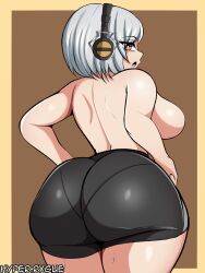 1girl anby_demara ass ass_focus bare_shoulders bike_shorts breasts from_behind headphones huge_ass hyperrxgue large_breasts looking_at_viewer looking_back open_mouth pantylines red_eyes short_hair short_shorts shorts sideboob solo sweat thick_thighs thighs white_hair zenless_zone_zero