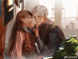 1boy 1girl blue_eyes brown_eyes brown_hair character_request check_character commentary_request covered_mouth earrings finger_to_mouth from_side hair_behind_ear highres index_finger_raised indoors jewelry long_hair looking_at_viewer love_and_deepspace mongolian_clothes parted_lips plant protagonist_(love_and_deepspace) short_hair shushing white_hair window xavier_(love_and_deepspace) zhishangjun123