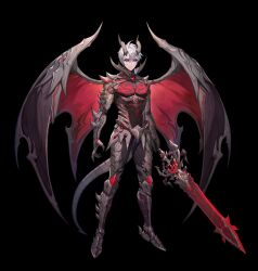 1boy armor artist_request black_armor black_background black_horns black_sclera black_wings clawed_gauntlets colored_sclera commentary commentary_request dark_lord_kasel_(king&#039;s_raid) dark_persona demon_horns demon_wings english_commentary full_body highres holding holding_sword holding_weapon horns kasel_(king&#039;s_raid) king&#039;s_raid korean_commentary mixed-language_commentary official_art pectorals purple_eyes red_wings second-party_source short_hair simple_background solo spiked_armor sword tail weapon white_hair wings
