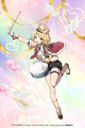 1girl :d artist_name bad_source black_shorts blonde_hair blue_eyes boots character_name copyright_name drum drumsticks full_body gloves hair_ornament hat highres holding holding_drumsticks instrument jacket kagamine_rin looking_at_viewer necktie official_art open_mouth oyo_hitsuji short_shorts short_sleeves shorts sidelocks smile solo standing standing_on_one_leg thigh_strap vocaloid watermark